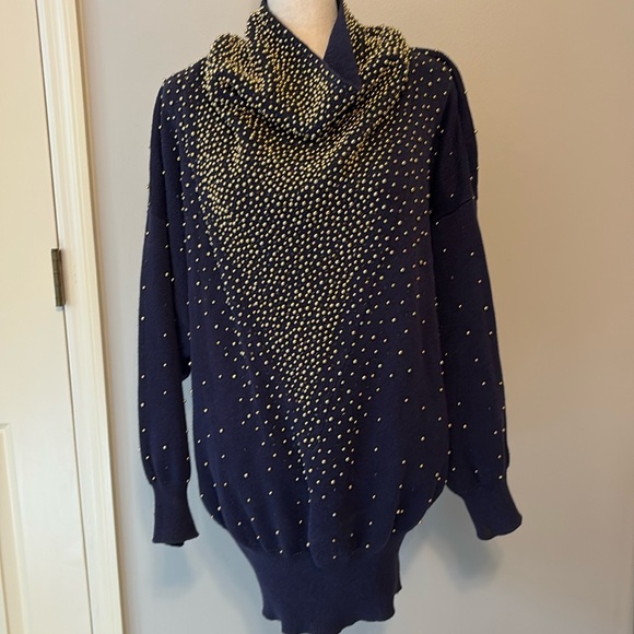 Vtg 80s Bonnie Boerer & Company Beaded Navy Blue Cowl Neck Sweater - Picture 1 of 9